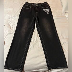 Vintage y2k women’s wide leg jeans size 28 black embroidery stitching high rise